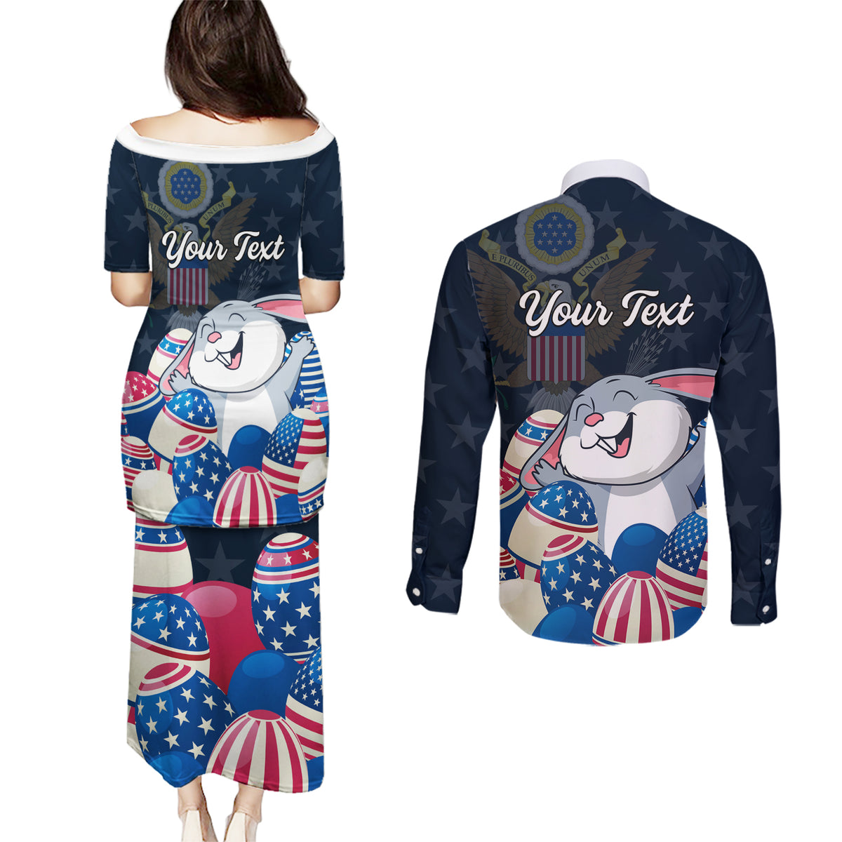 American Easter Day 2024 Couples Matching Puletasi and Long Sleeve Button Shirt Bunny With US Easter Eggs - Wonder Print Shop
