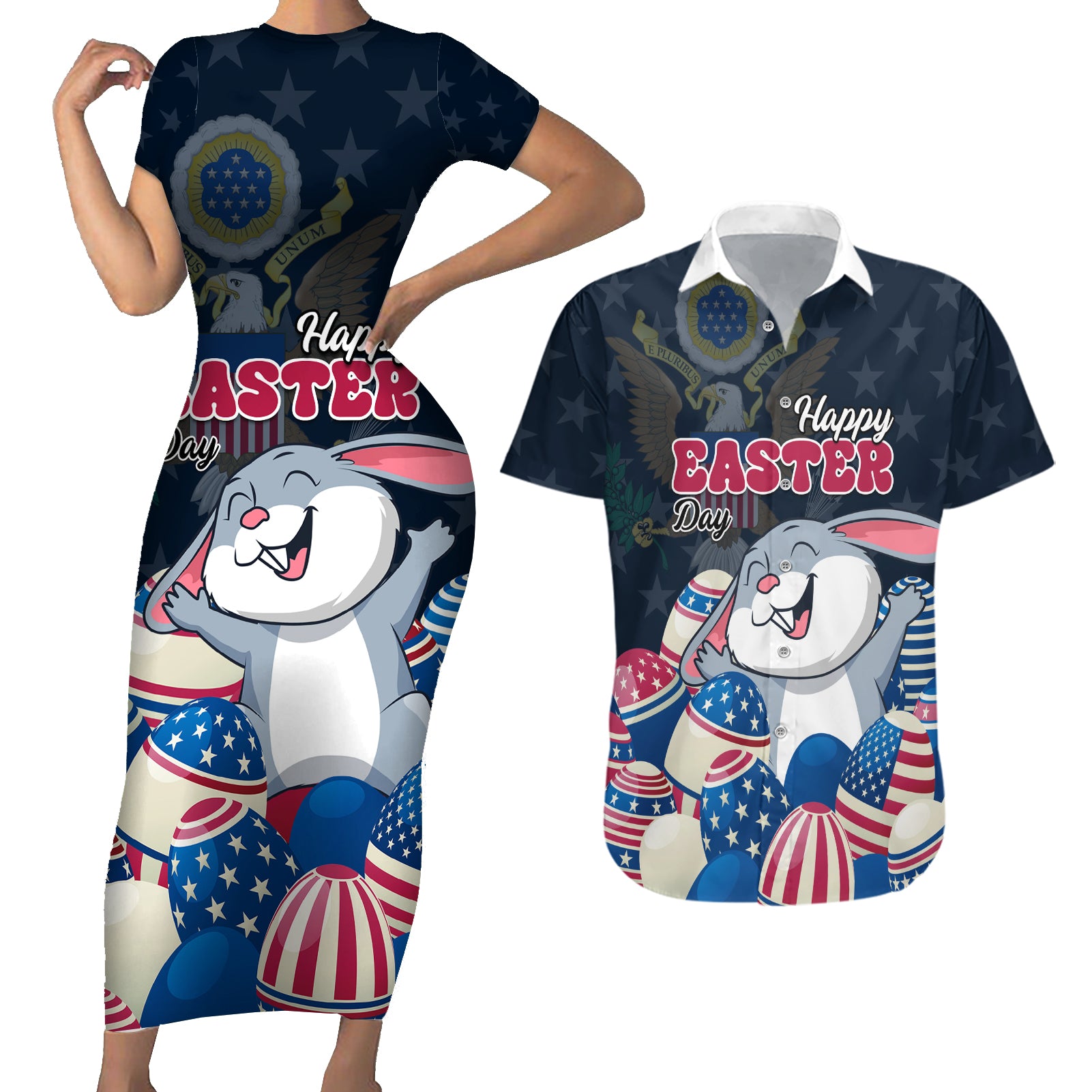 American Easter Day 2024 Couples Matching Short Sleeve Bodycon Dress and Hawaiian Shirt Bunny With US Easter Eggs - Wonder Print Shop