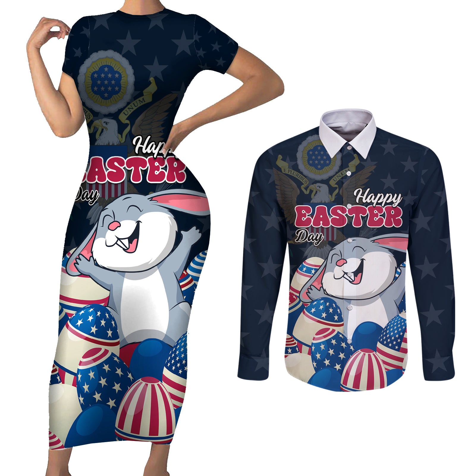 American Easter Day 2024 Couples Matching Short Sleeve Bodycon Dress and Long Sleeve Button Shirt Bunny With US Easter Eggs - Wonder Print Shop