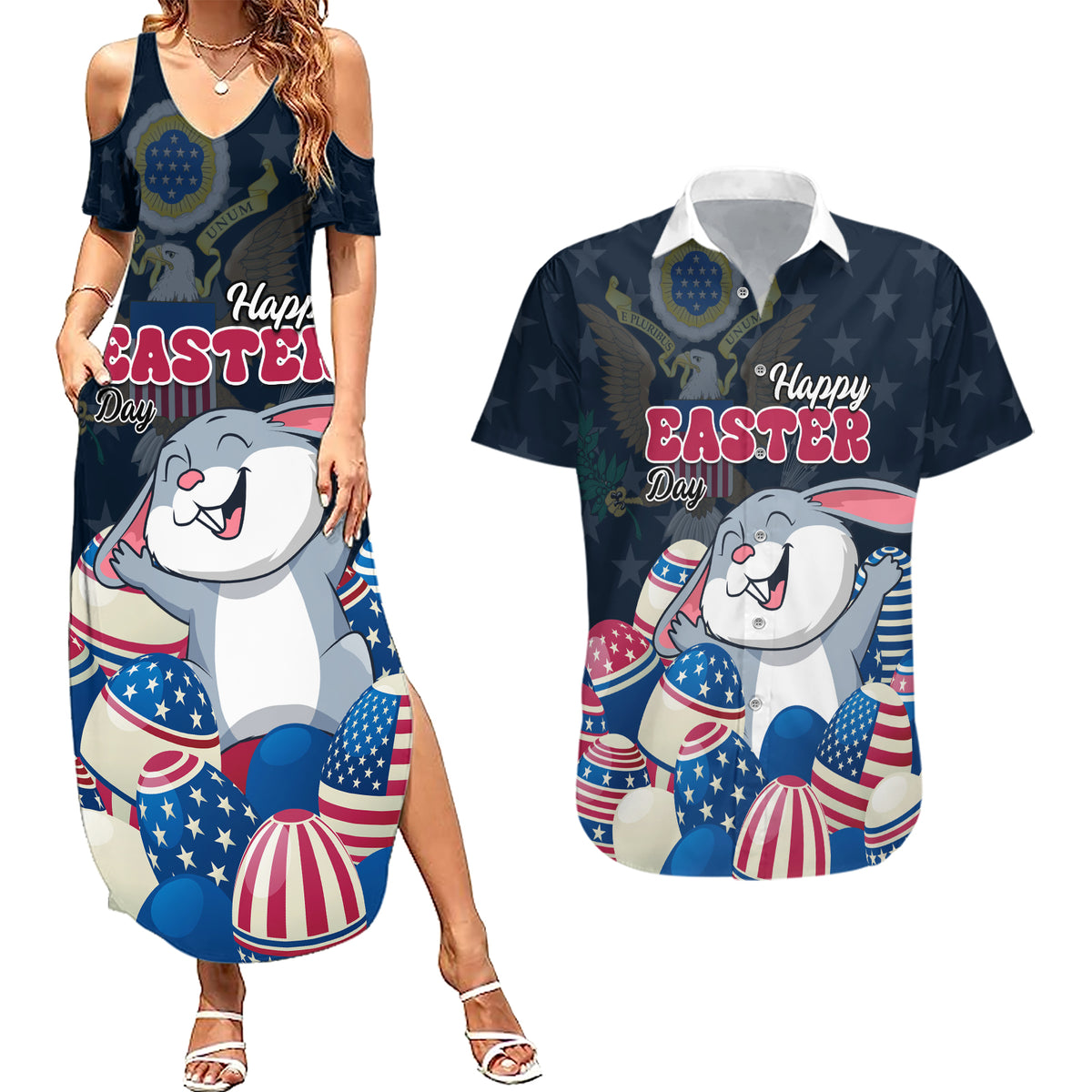 American Easter Day 2024 Couples Matching Summer Maxi Dress and Hawaiian Shirt Bunny With US Easter Eggs - Wonder Print Shop