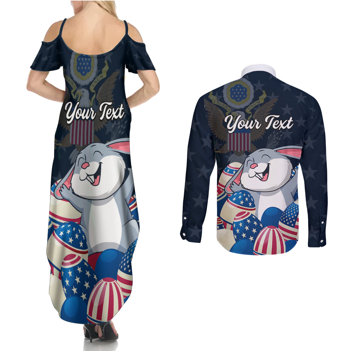 American Easter Day 2024 Couples Matching Summer Maxi Dress and Long Sleeve Button Shirt Bunny With US Easter Eggs - Wonder Print Shop