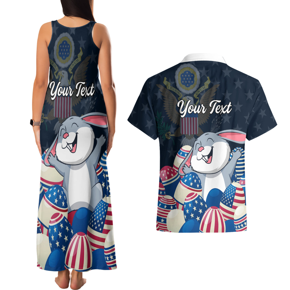 American Easter Day 2024 Couples Matching Tank Maxi Dress and Hawaiian Shirt Bunny With US Easter Eggs - Wonder Print Shop