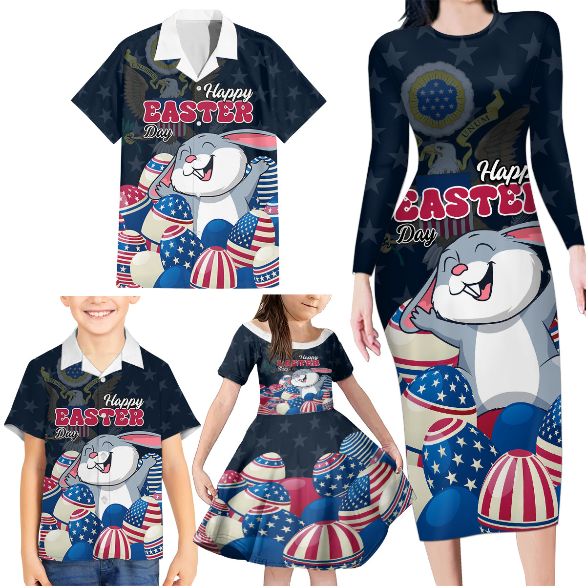 American Easter Day 2024 Family Matching Long Sleeve Bodycon Dress and Hawaiian Shirt Bunny With US Easter Eggs - Wonder Print Shop