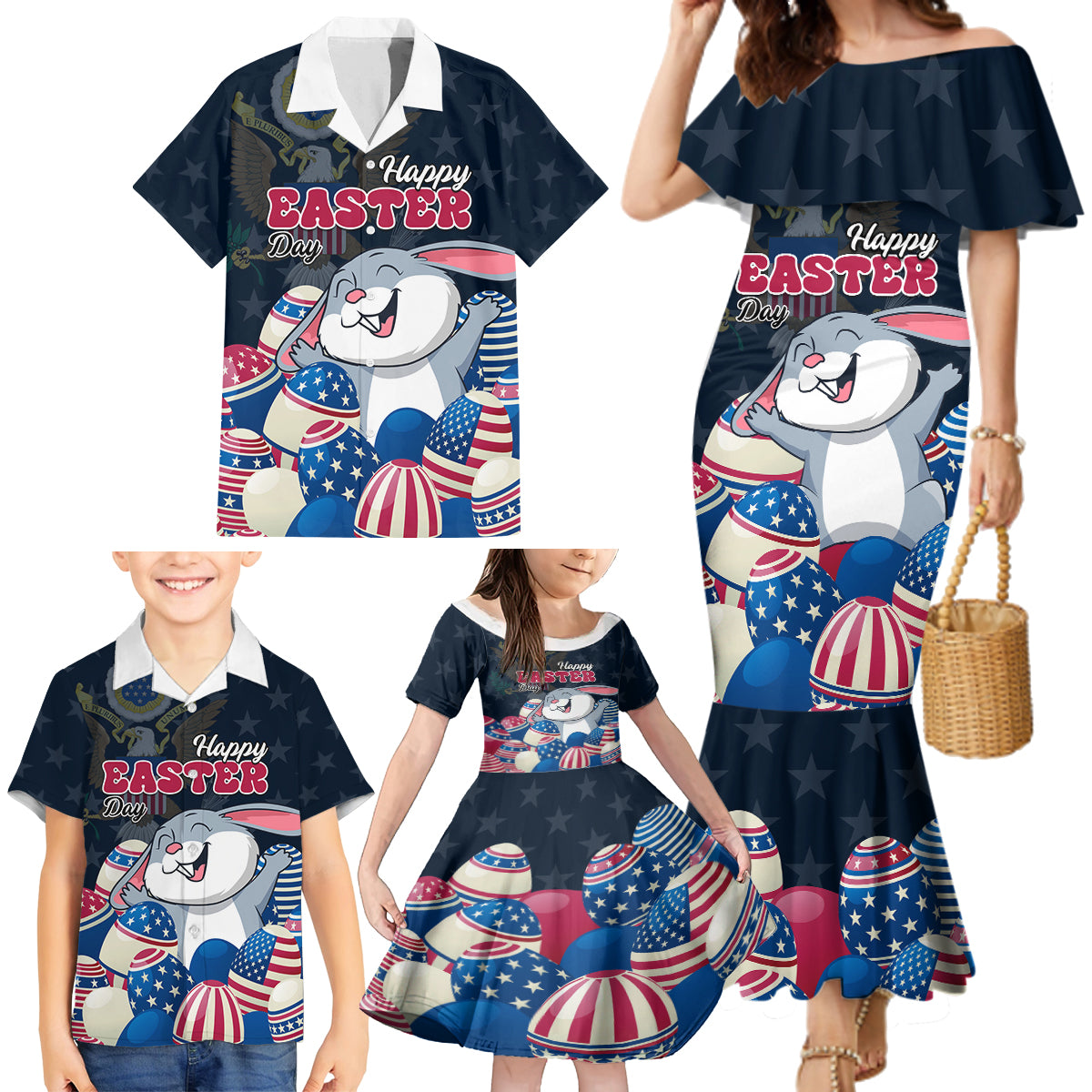 American Easter Day 2024 Family Matching Mermaid Dress and Hawaiian Shirt Bunny With US Easter Eggs - Wonder Print Shop