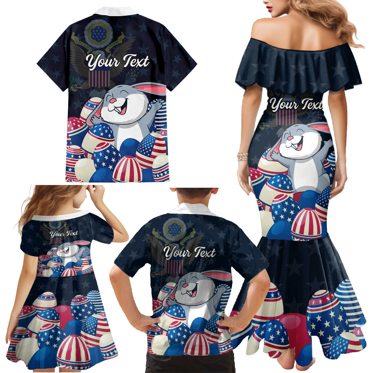 American Easter Day 2024 Family Matching Mermaid Dress and Hawaiian Shirt Bunny With US Easter Eggs - Wonder Print Shop