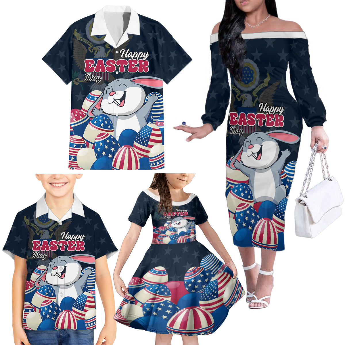 American Easter Day 2024 Family Matching Off The Shoulder Long Sleeve Dress and Hawaiian Shirt Bunny With US Easter Eggs - Wonder Print Shop