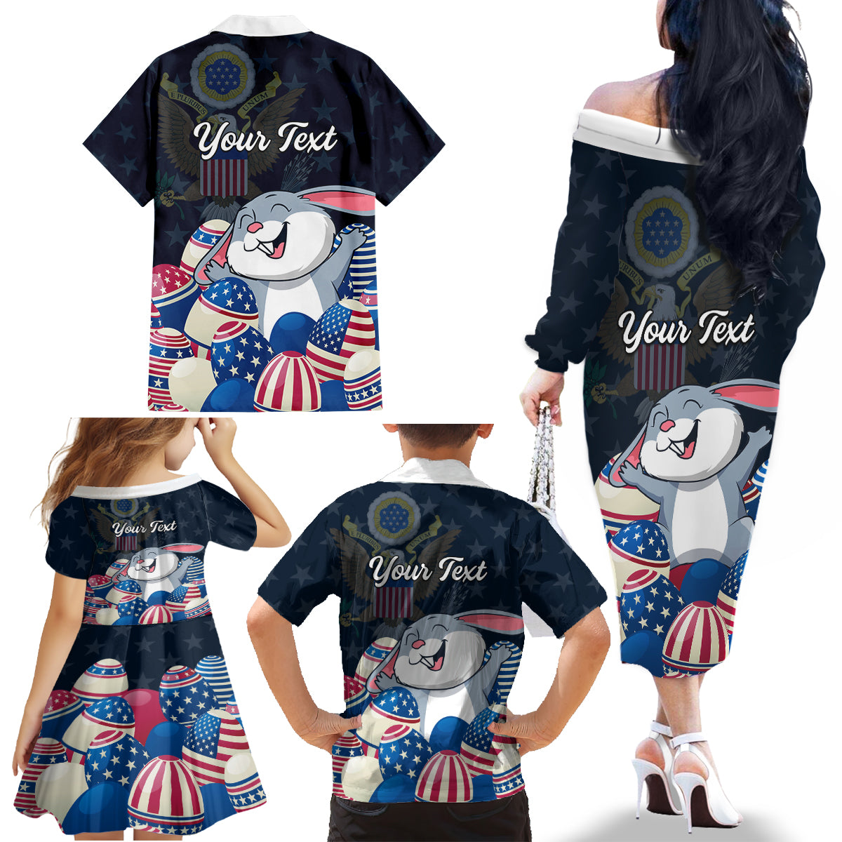 American Easter Day 2024 Family Matching Off The Shoulder Long Sleeve Dress and Hawaiian Shirt Bunny With US Easter Eggs - Wonder Print Shop