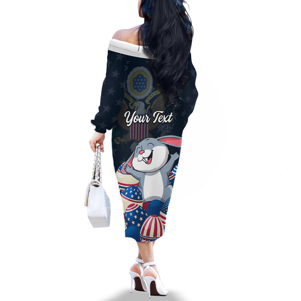 American Easter Day 2024 Family Matching Off The Shoulder Long Sleeve Dress and Hawaiian Shirt Bunny With US Easter Eggs - Wonder Print Shop