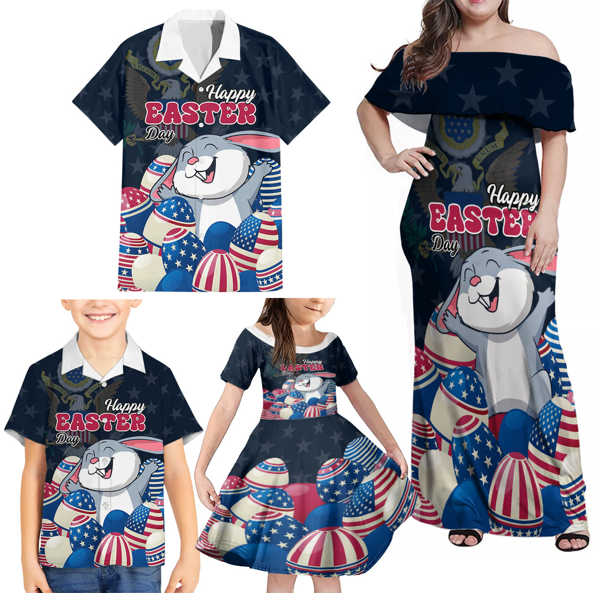 American Easter Day 2024 Family Matching Off Shoulder Maxi Dress and Hawaiian Shirt Bunny With US Easter Eggs - Wonder Print Shop