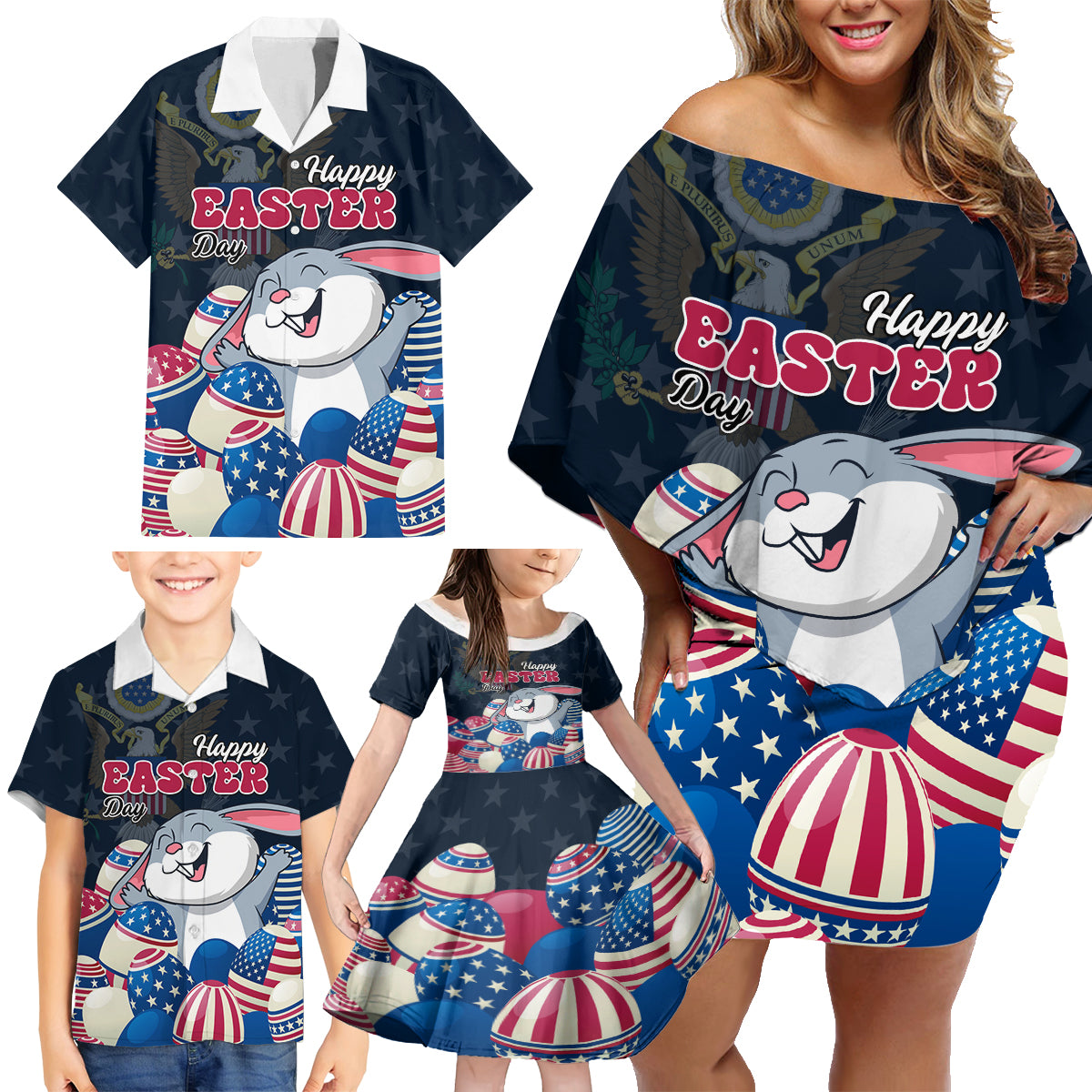 American Easter Day 2024 Family Matching Off Shoulder Short Dress and Hawaiian Shirt Bunny With US Easter Eggs - Wonder Print Shop
