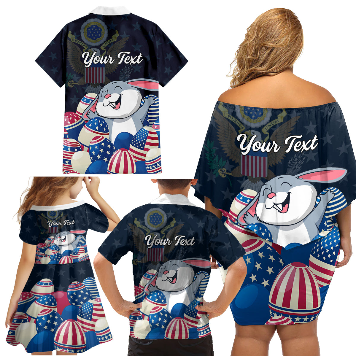 American Easter Day 2024 Family Matching Off Shoulder Short Dress and Hawaiian Shirt Bunny With US Easter Eggs - Wonder Print Shop