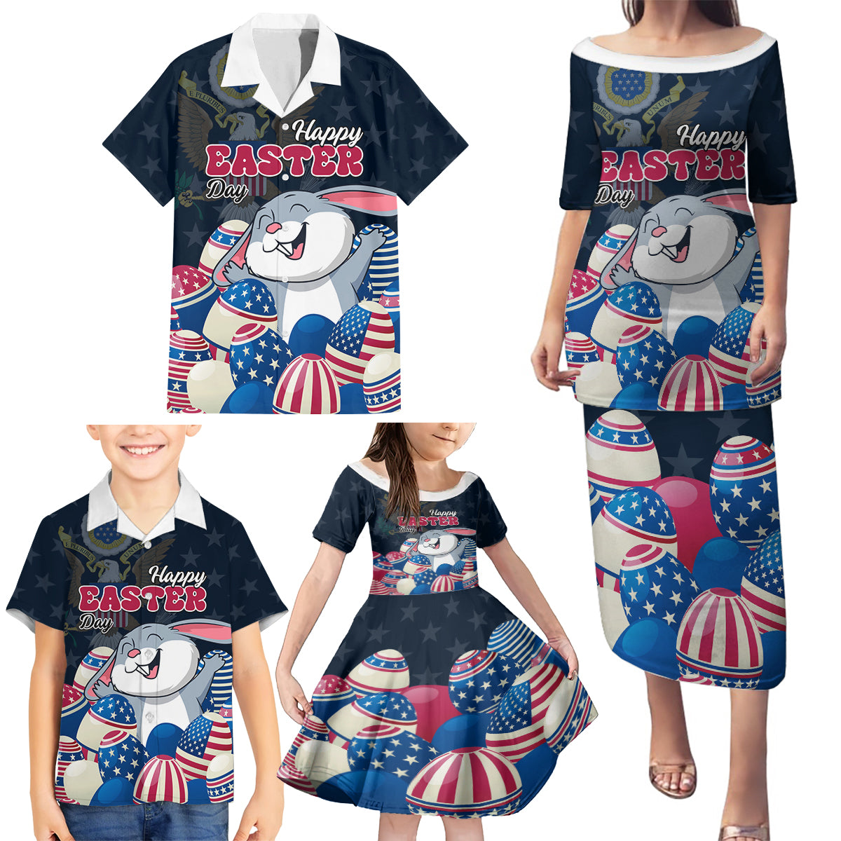 American Easter Day 2024 Family Matching Puletasi and Hawaiian Shirt Bunny With US Easter Eggs - Wonder Print Shop