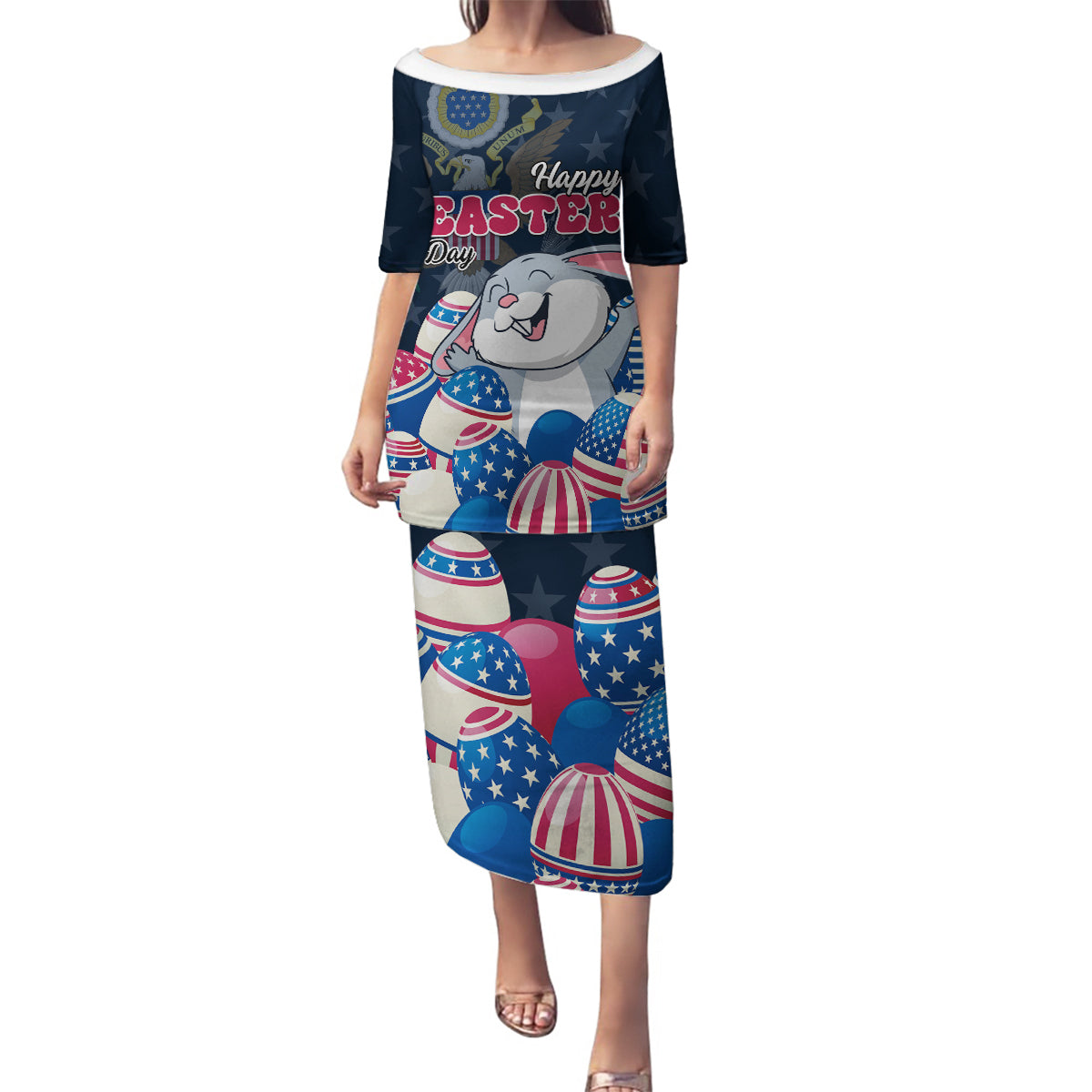 American Easter Day 2024 Family Matching Puletasi and Hawaiian Shirt Bunny With US Easter Eggs - Wonder Print Shop