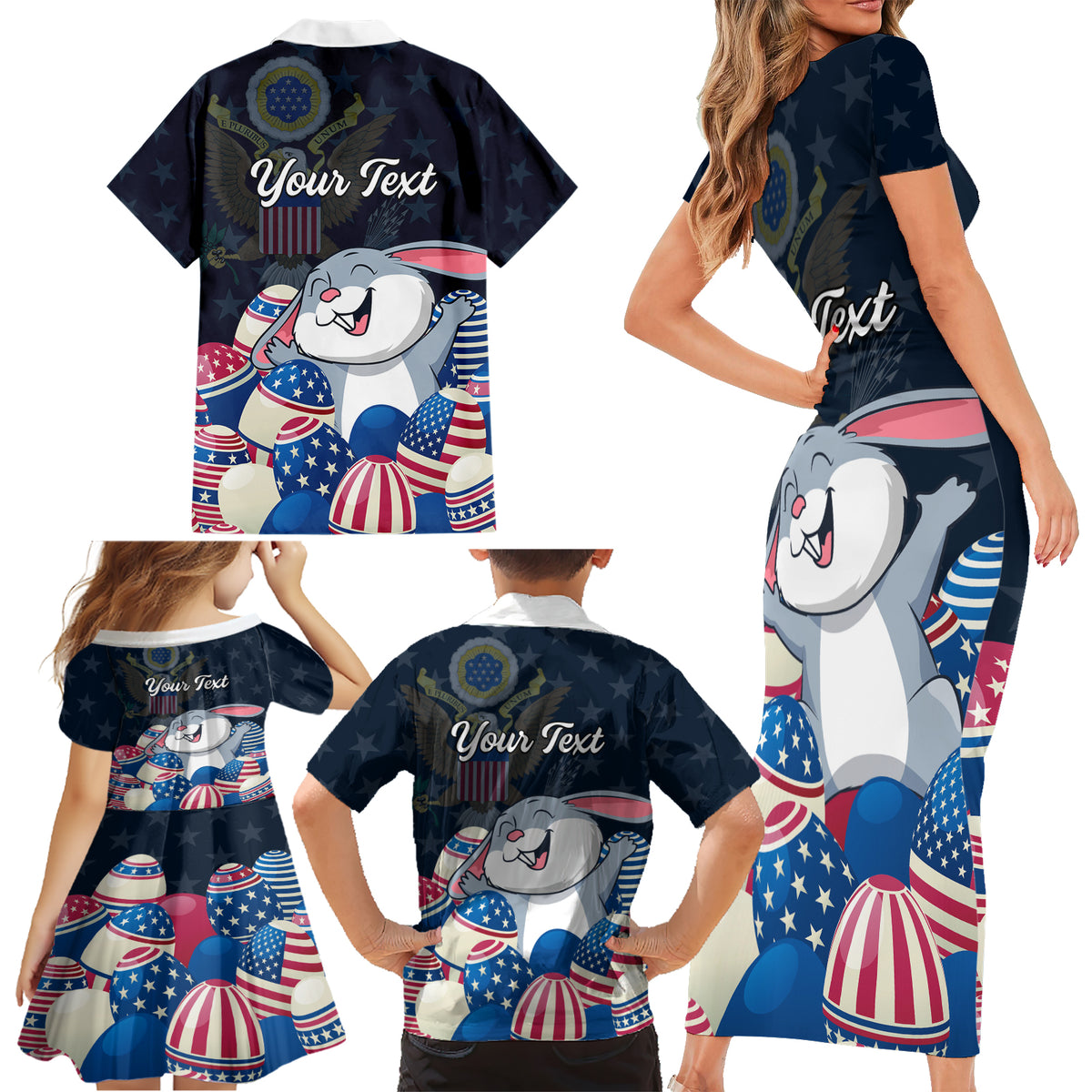 American Easter Day 2024 Family Matching Short Sleeve Bodycon Dress and Hawaiian Shirt Bunny With US Easter Eggs - Wonder Print Shop