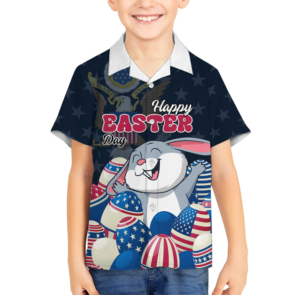American Easter Day 2024 Family Matching Short Sleeve Bodycon Dress and Hawaiian Shirt Bunny With US Easter Eggs - Wonder Print Shop