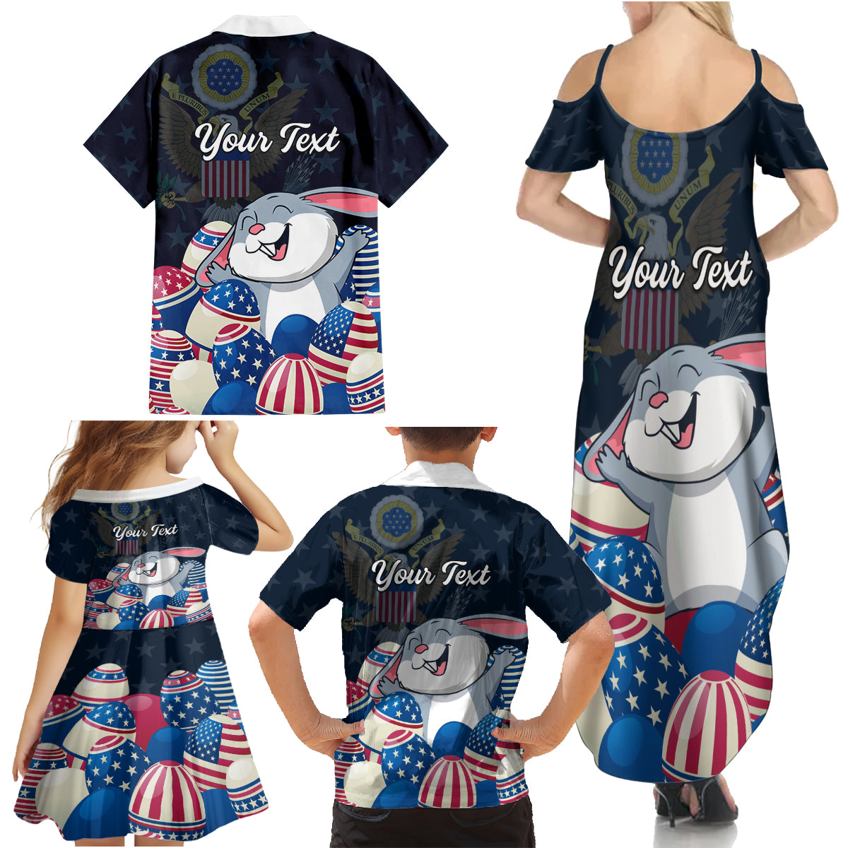 American Easter Day 2024 Family Matching Summer Maxi Dress and Hawaiian Shirt Bunny With US Easter Eggs - Wonder Print Shop