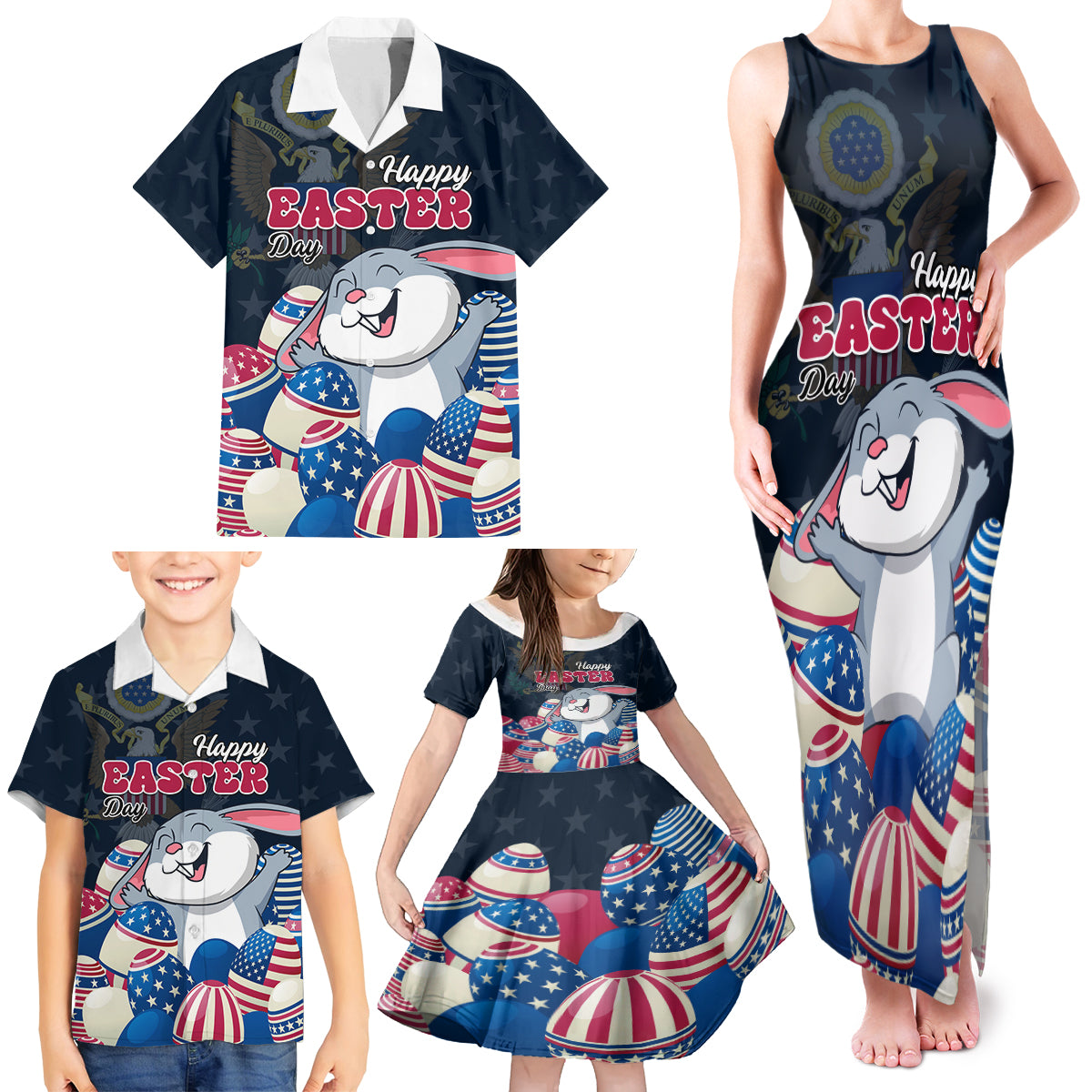 American Easter Day 2024 Family Matching Tank Maxi Dress and Hawaiian Shirt Bunny With US Easter Eggs - Wonder Print Shop