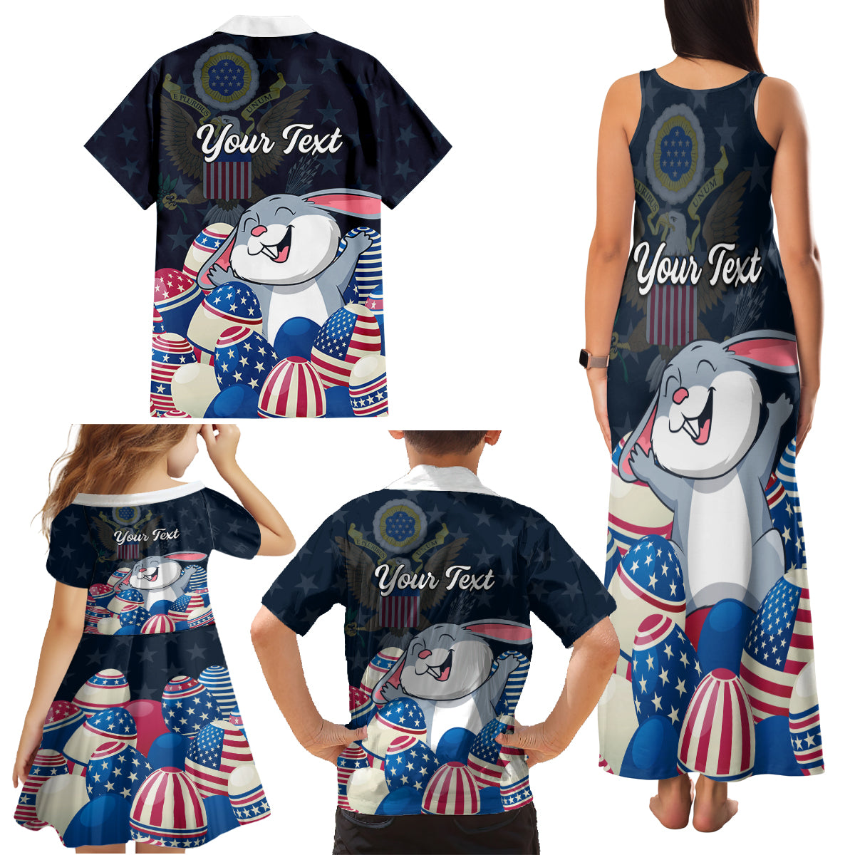 American Easter Day 2024 Family Matching Tank Maxi Dress and Hawaiian Shirt Bunny With US Easter Eggs - Wonder Print Shop