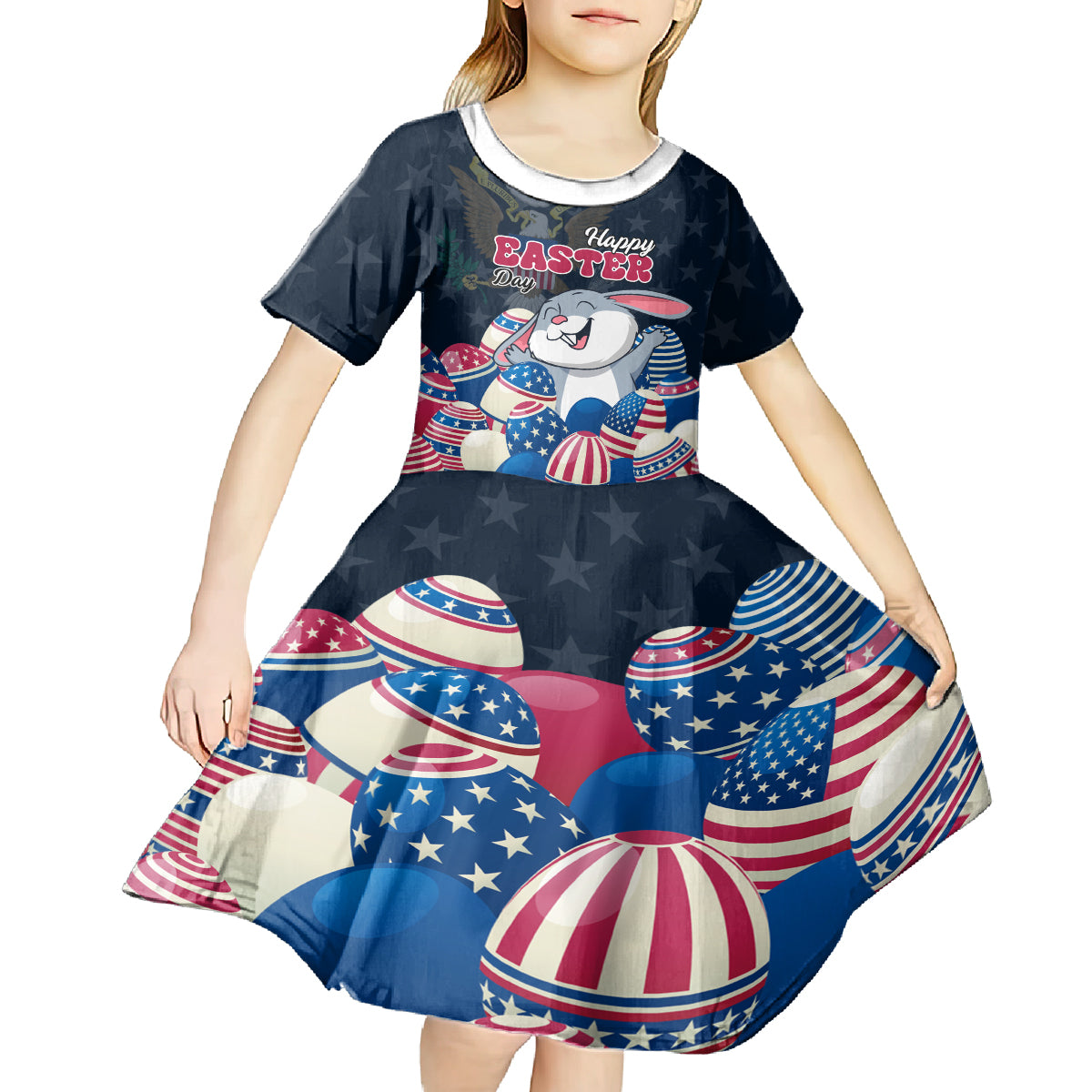 American Easter Day 2024 Kid Short Sleeve Dress Bunny With US Easter Eggs - Wonder Print Shop