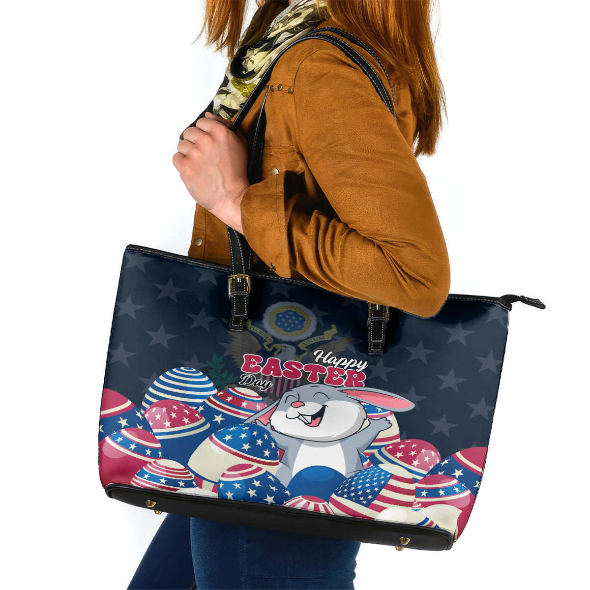 American Easter Day 2024 Leather Tote Bag Bunny With US Easter Eggs - Wonder Print Shop