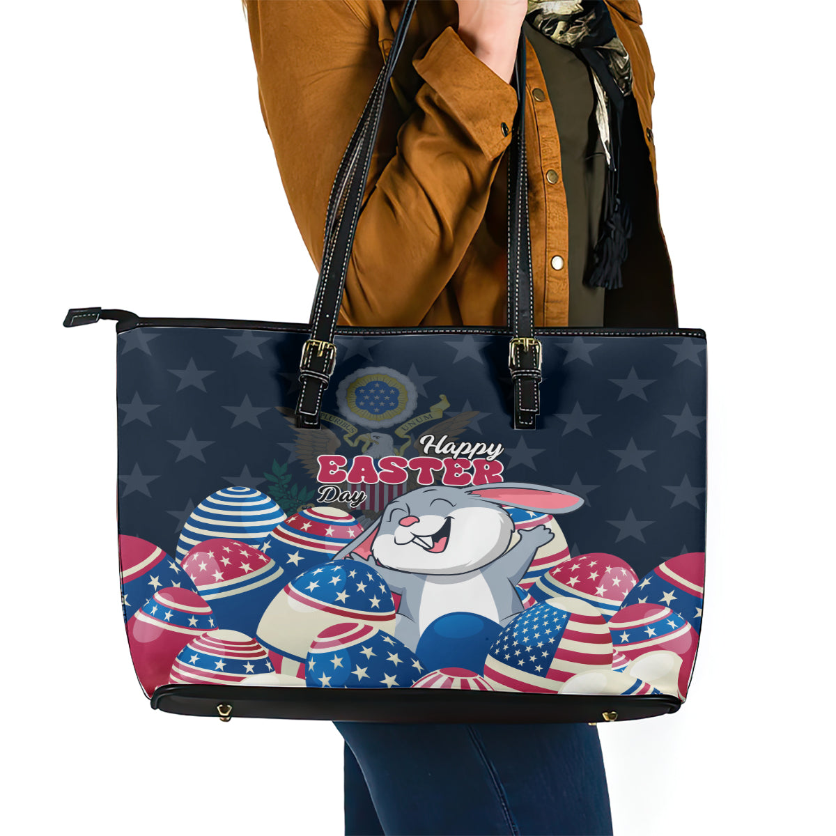 American Easter Day 2024 Leather Tote Bag Bunny With US Easter Eggs - Wonder Print Shop
