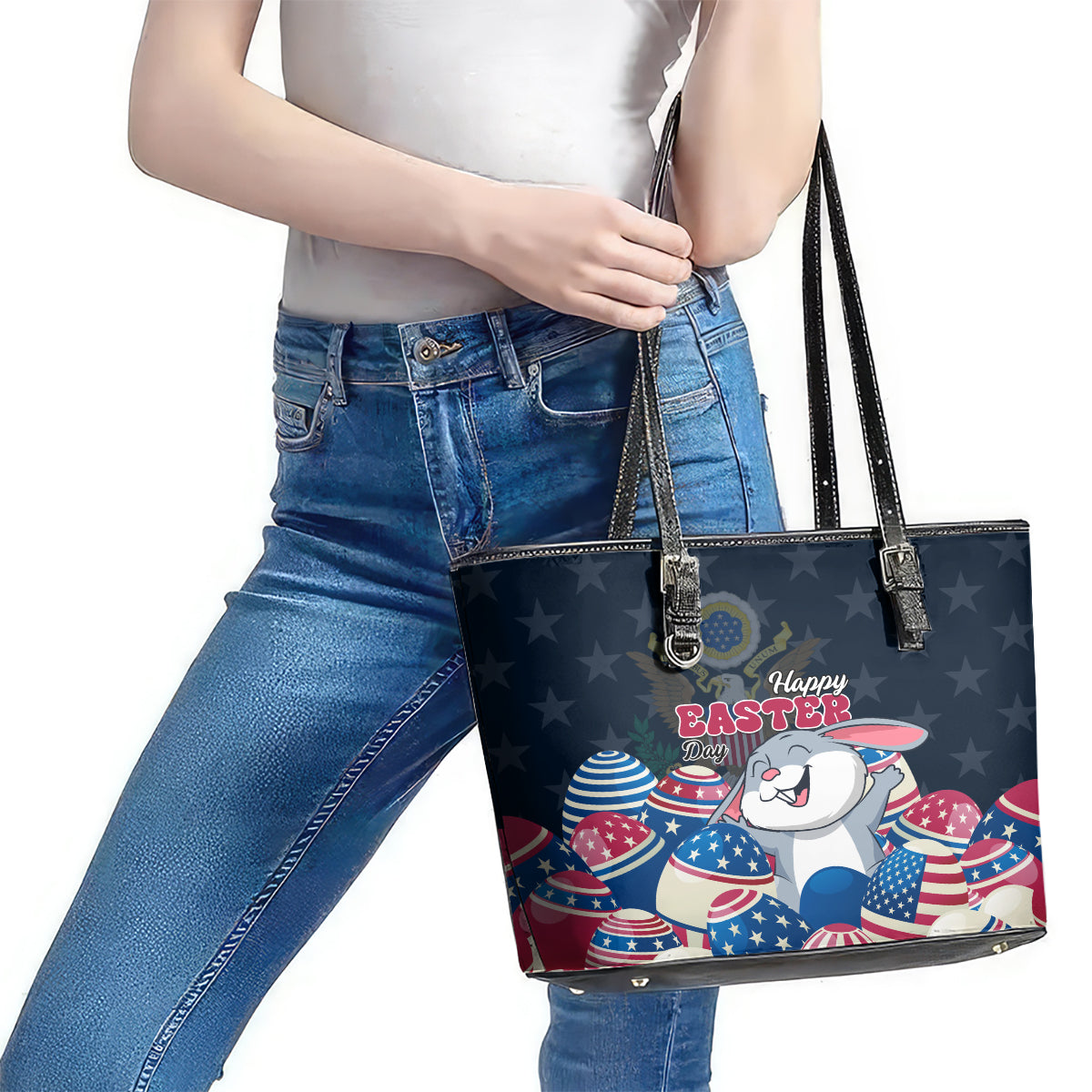 American Easter Day 2024 Leather Tote Bag Bunny With US Easter Eggs - Wonder Print Shop