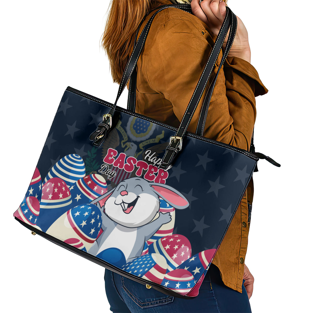 American Easter Day 2024 Leather Tote Bag Bunny With US Easter Eggs - Wonder Print Shop
