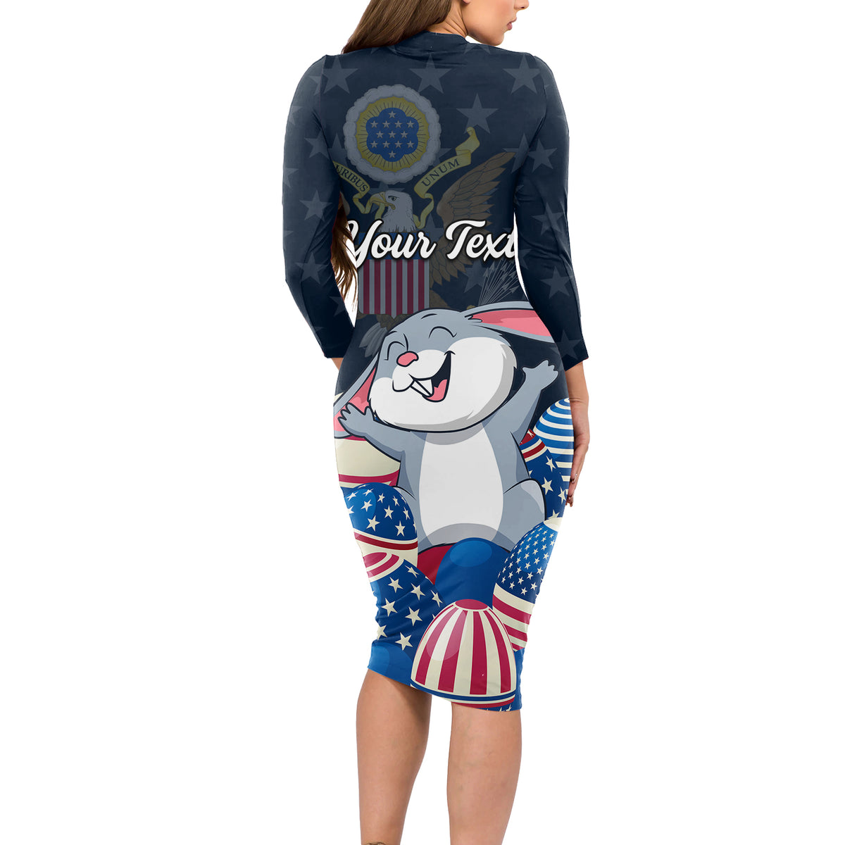 American Easter Day 2024 Long Sleeve Bodycon Dress Bunny With US Easter Eggs - Wonder Print Shop