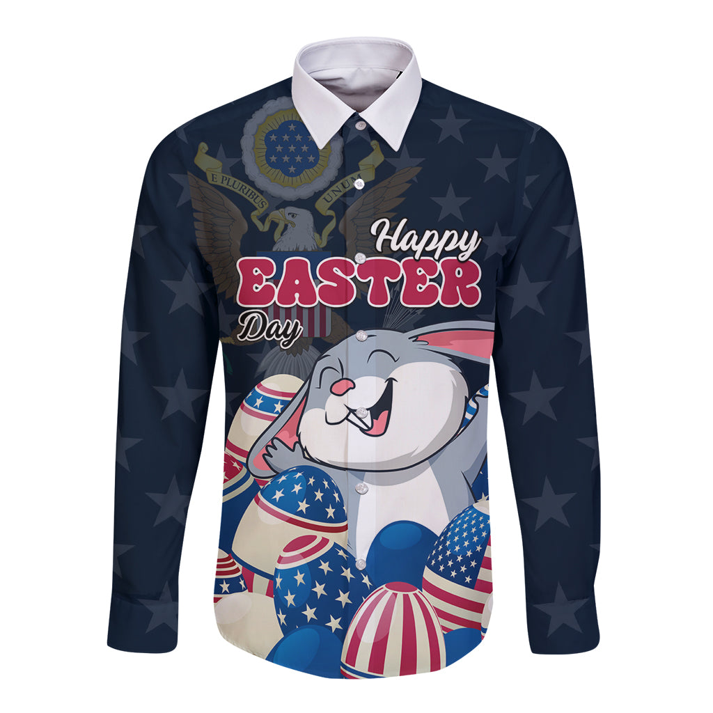 American Easter Day 2024 Long Sleeve Button Shirt Bunny With US Easter Eggs - Wonder Print Shop
