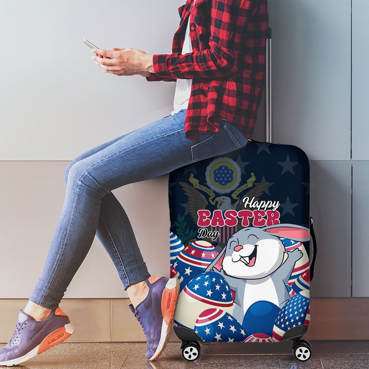 American Easter Day 2024 Luggage Cover Bunny With US Easter Eggs - Wonder Print Shop
