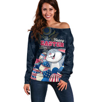 American Easter Day 2024 Off Shoulder Sweater Bunny With US Easter Eggs - Wonder Print Shop