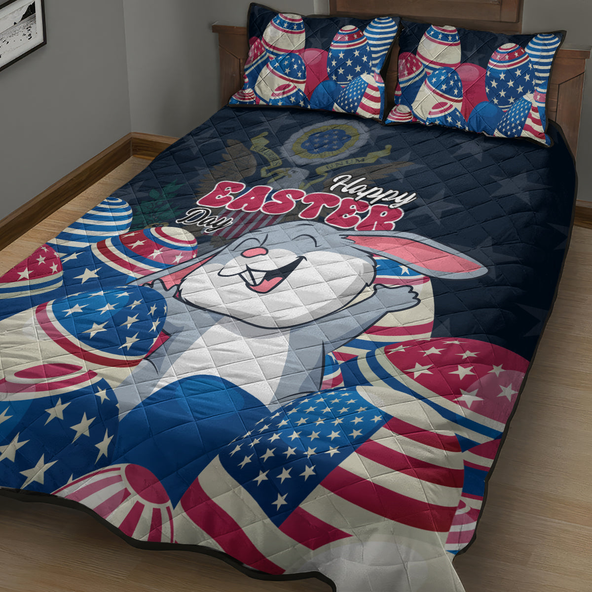 American Easter Day 2024 Quilt Bed Set Bunny With US Easter Eggs - Wonder Print Shop