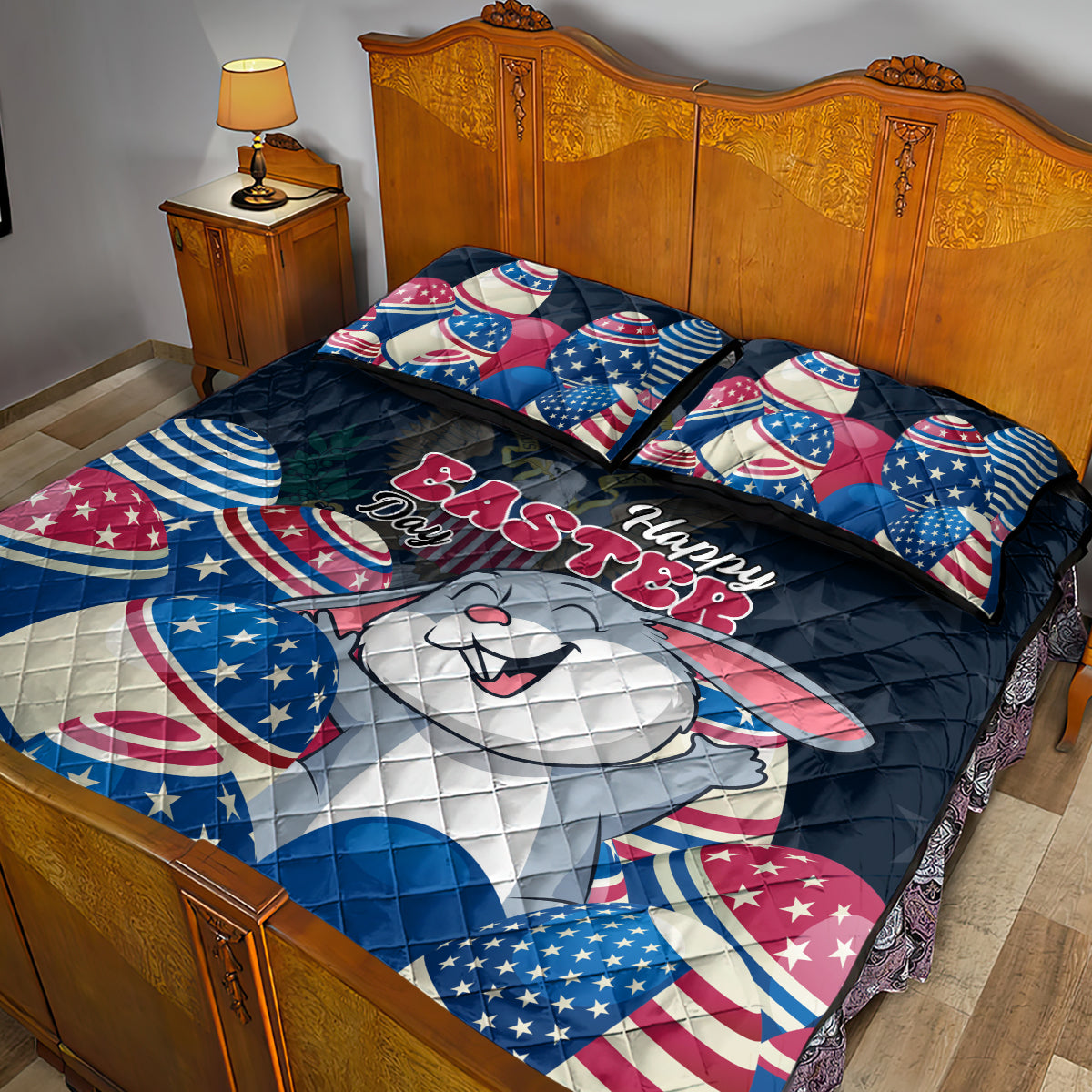American Easter Day 2024 Quilt Bed Set Bunny With US Easter Eggs - Wonder Print Shop