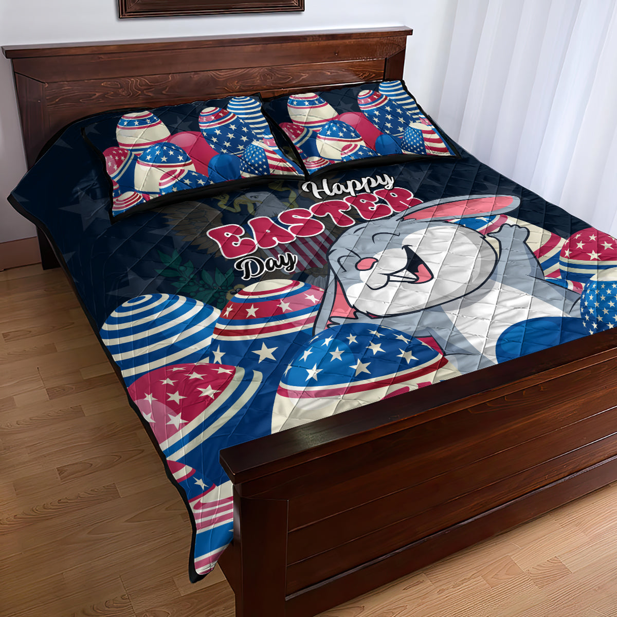 American Easter Day 2024 Quilt Bed Set Bunny With US Easter Eggs - Wonder Print Shop