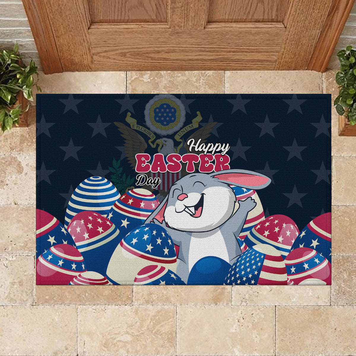 American Easter Day 2024 Rubber Doormat Bunny With US Easter Eggs - Wonder Print Shop