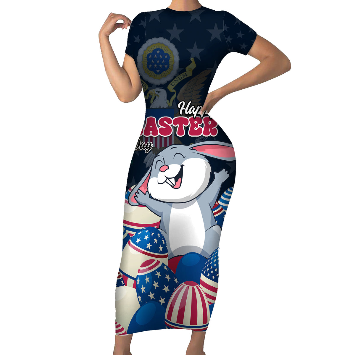 American Easter Day 2024 Short Sleeve Bodycon Dress Bunny With US Easter Eggs - Wonder Print Shop