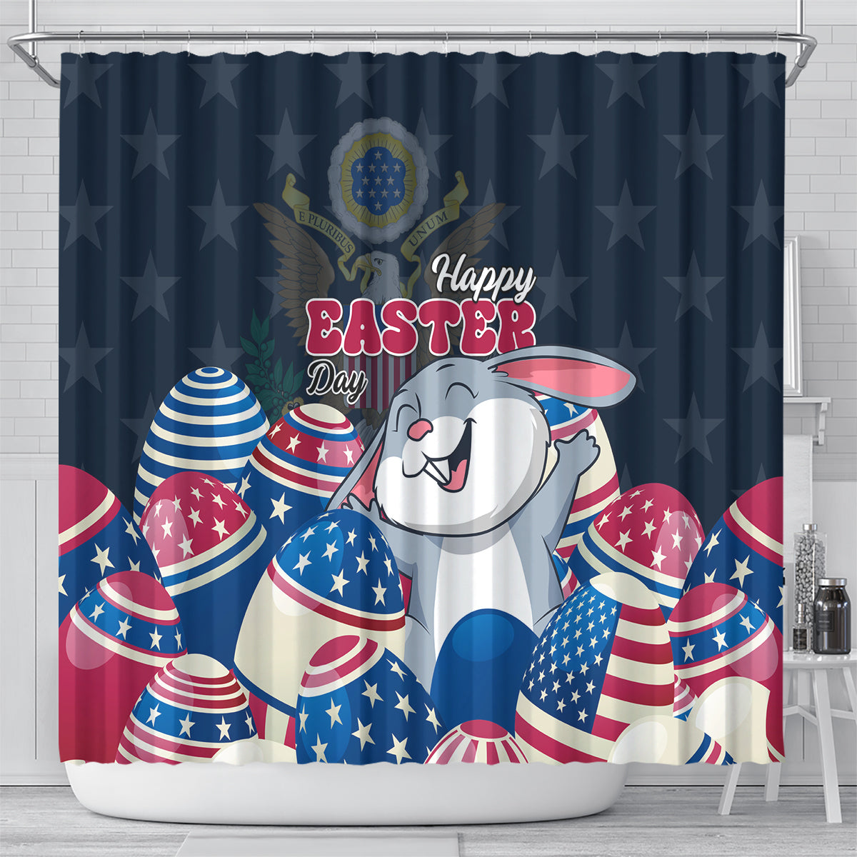 American Easter Day 2024 Shower Curtain Bunny With US Easter Eggs