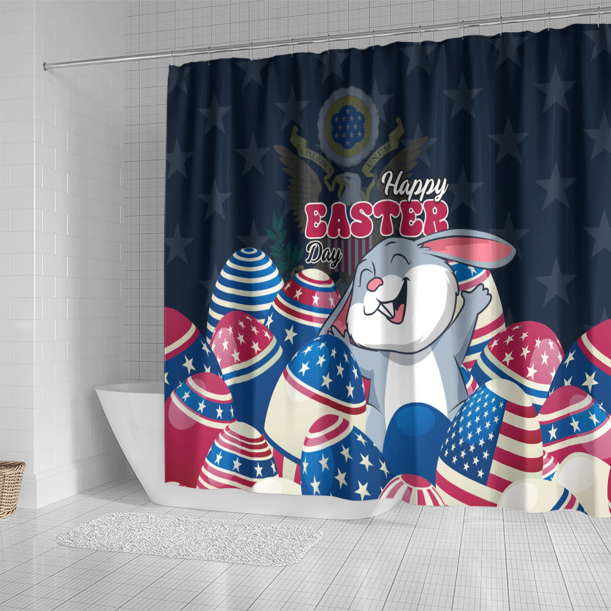 American Easter Day 2024 Shower Curtain Bunny With US Easter Eggs