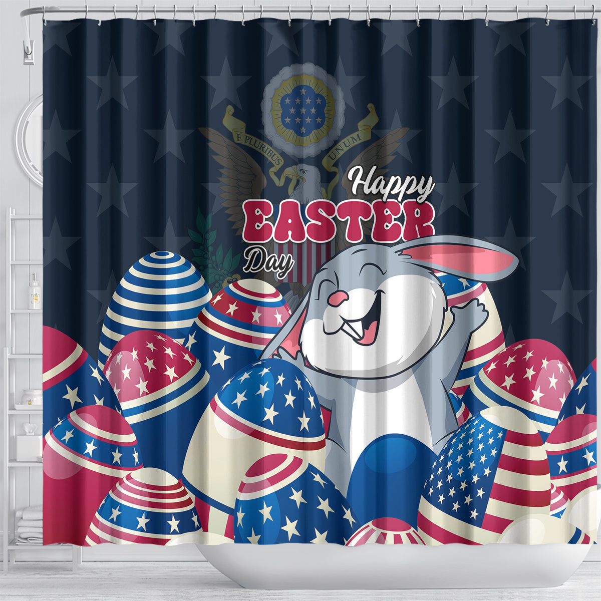 American Easter Day 2024 Shower Curtain Bunny With US Easter Eggs