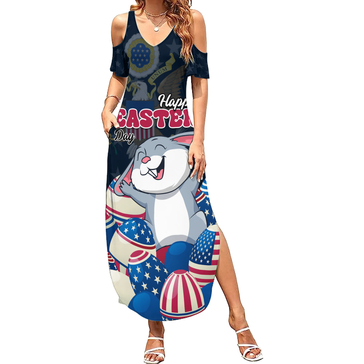 American Easter Day 2024 Summer Maxi Dress Bunny With US Easter Eggs - Wonder Print Shop