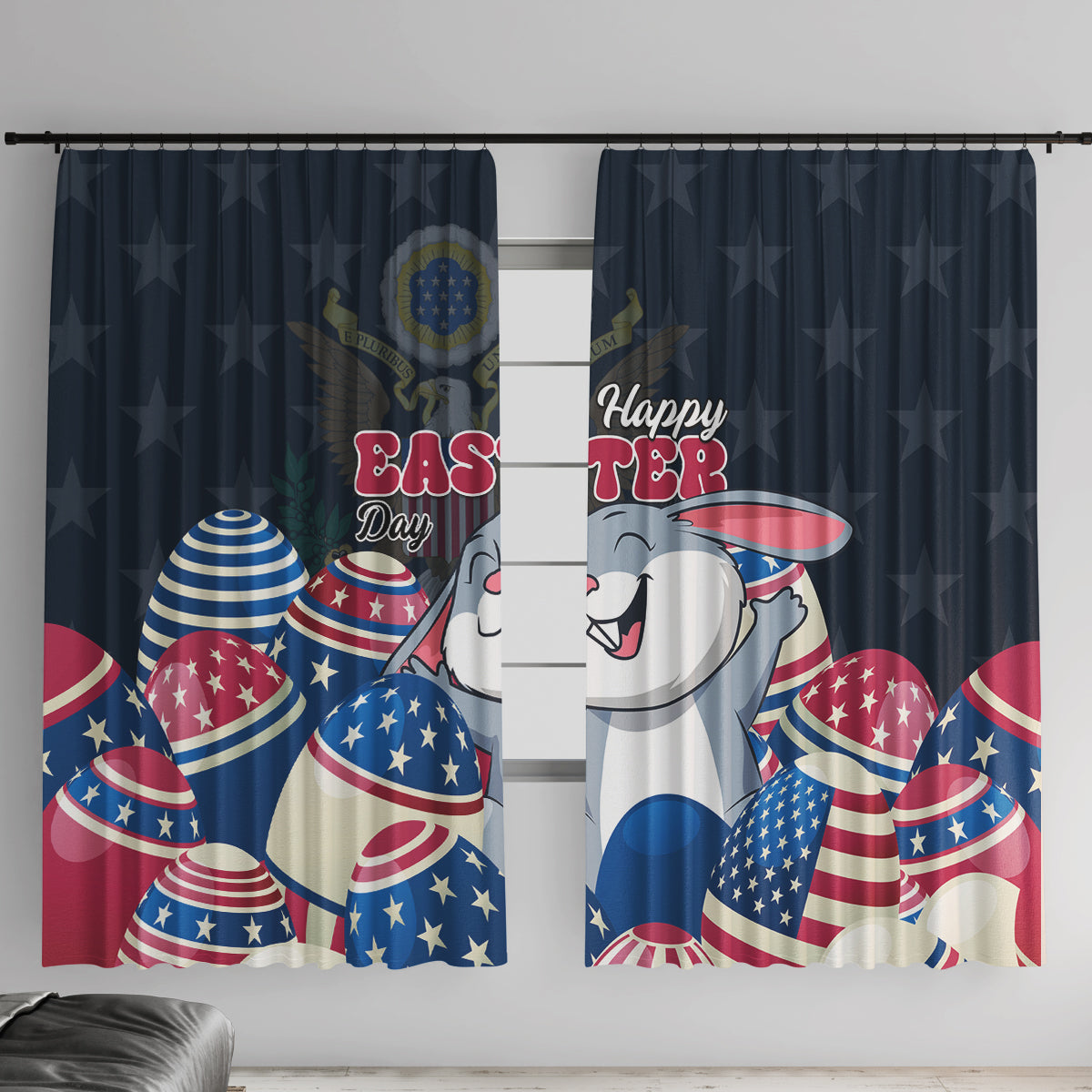 American Easter Day 2024 Window Curtain Bunny With US Easter Eggs - Wonder Print Shop