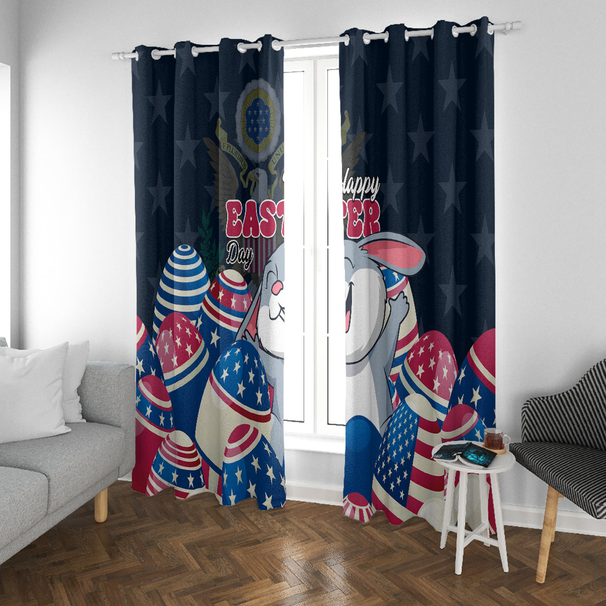 American Easter Day 2024 Window Curtain Bunny With US Easter Eggs - Wonder Print Shop