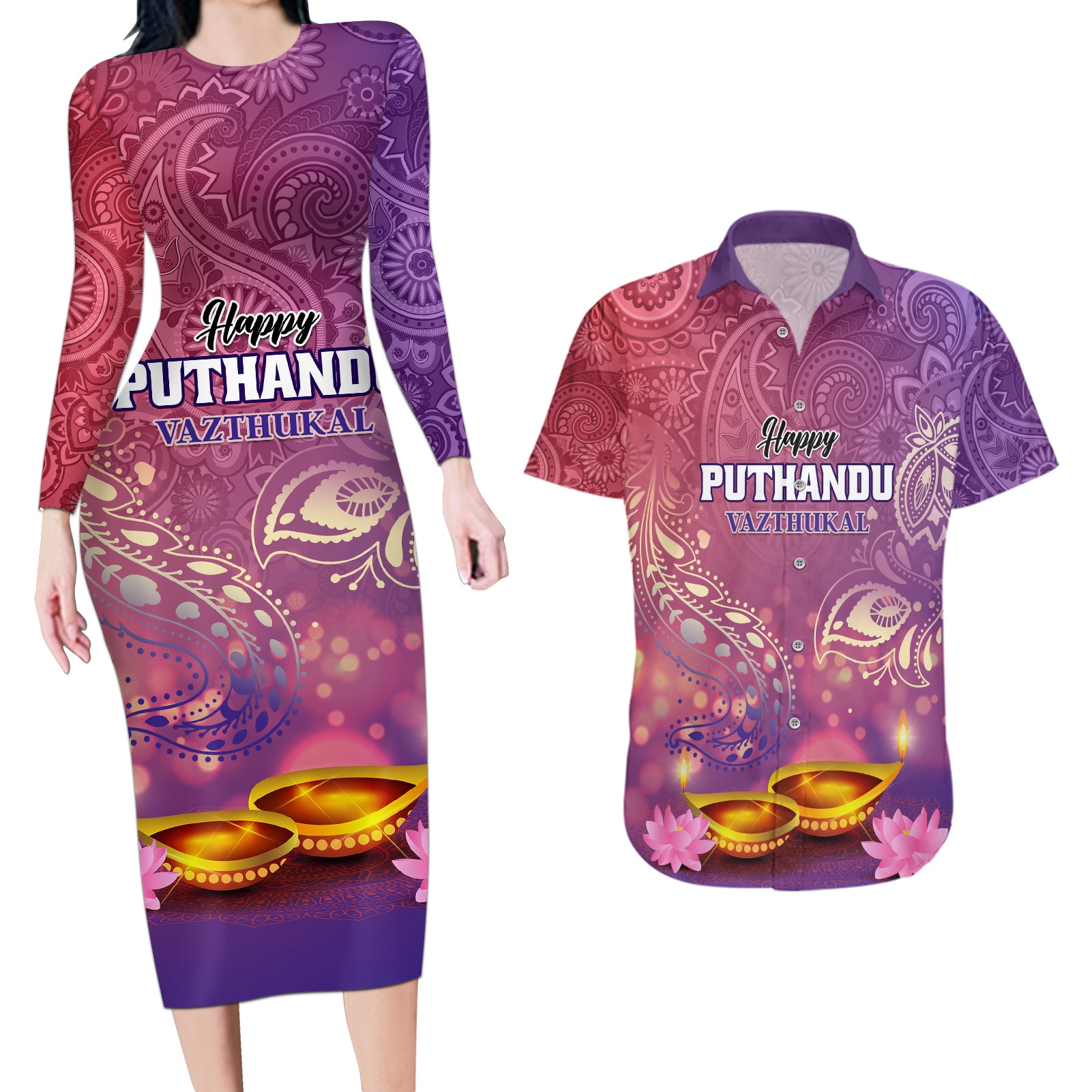 Puthandu Vazthukal 2024 Couples Matching Long Sleeve Bodycon Dress and Hawaiian Shirt Happy Tamil New Year - Wonder Print Shop