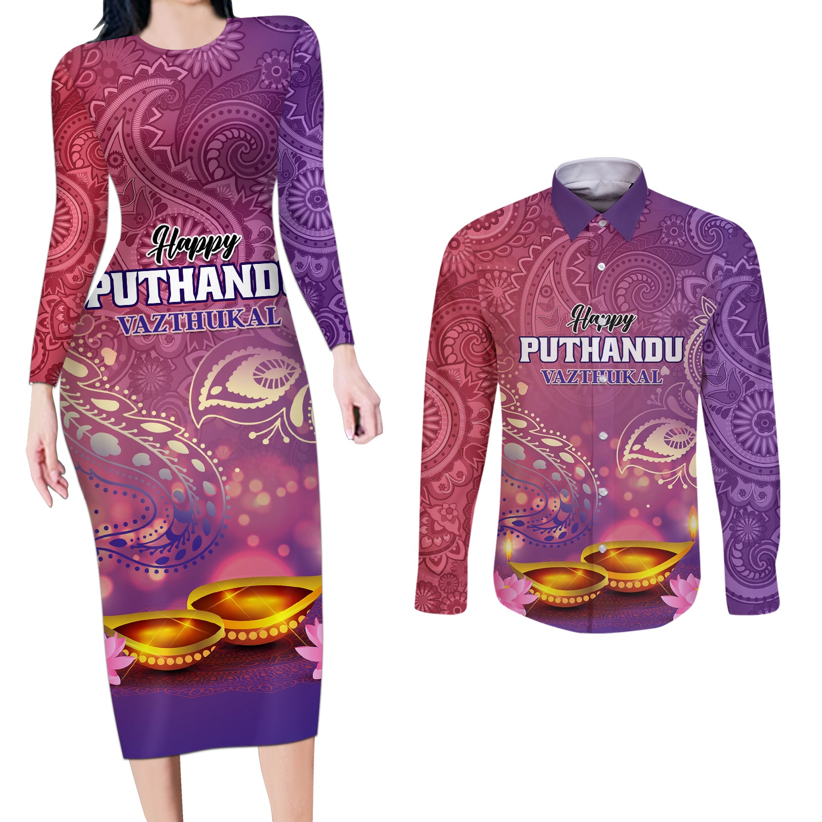 Puthandu Vazthukal 2024 Couples Matching Long Sleeve Bodycon Dress and Long Sleeve Button Shirt Happy Tamil New Year - Wonder Print Shop