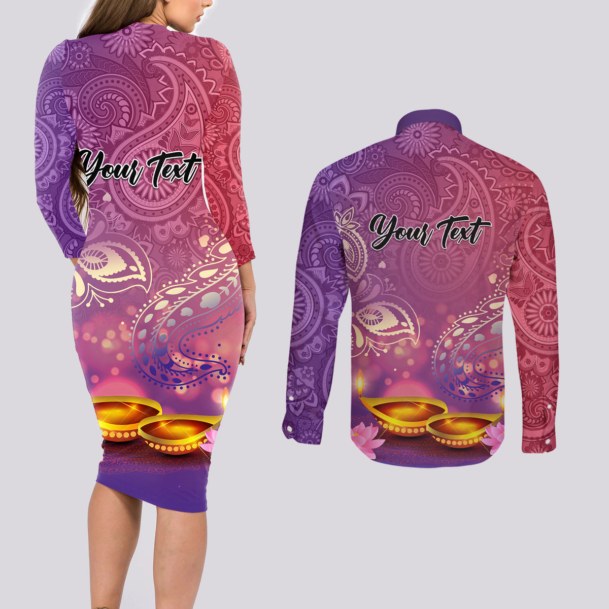 Puthandu Vazthukal 2024 Couples Matching Long Sleeve Bodycon Dress and Long Sleeve Button Shirt Happy Tamil New Year - Wonder Print Shop