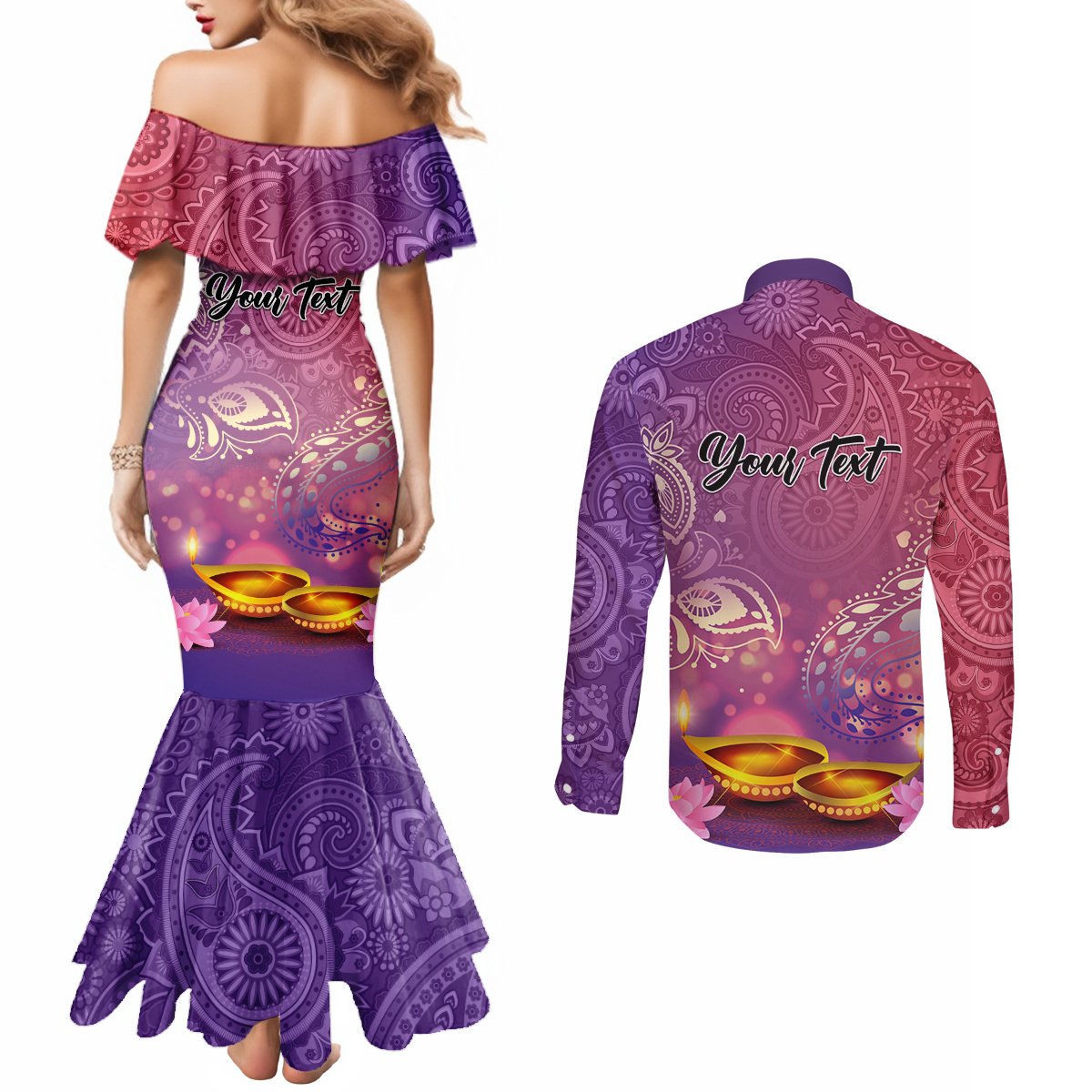 Puthandu Vazthukal 2024 Couples Matching Mermaid Dress and Long Sleeve Button Shirt Happy Tamil New Year
