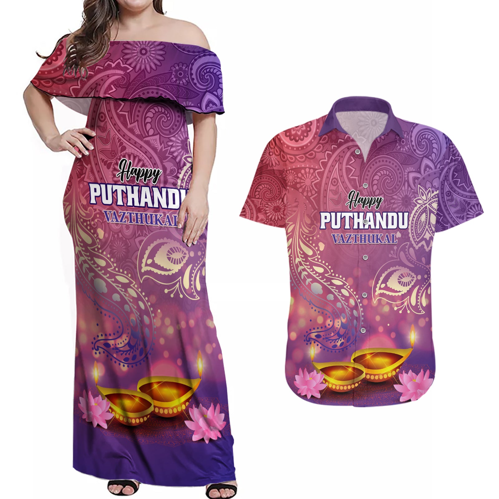 Puthandu Vazthukal 2024 Couples Matching Off Shoulder Maxi Dress and Hawaiian Shirt Happy Tamil New Year - Wonder Print Shop