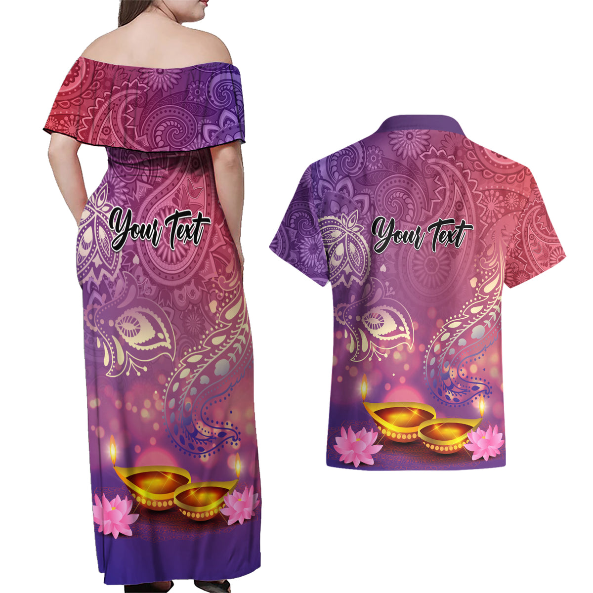Puthandu Vazthukal 2024 Couples Matching Off Shoulder Maxi Dress and Hawaiian Shirt Happy Tamil New Year - Wonder Print Shop