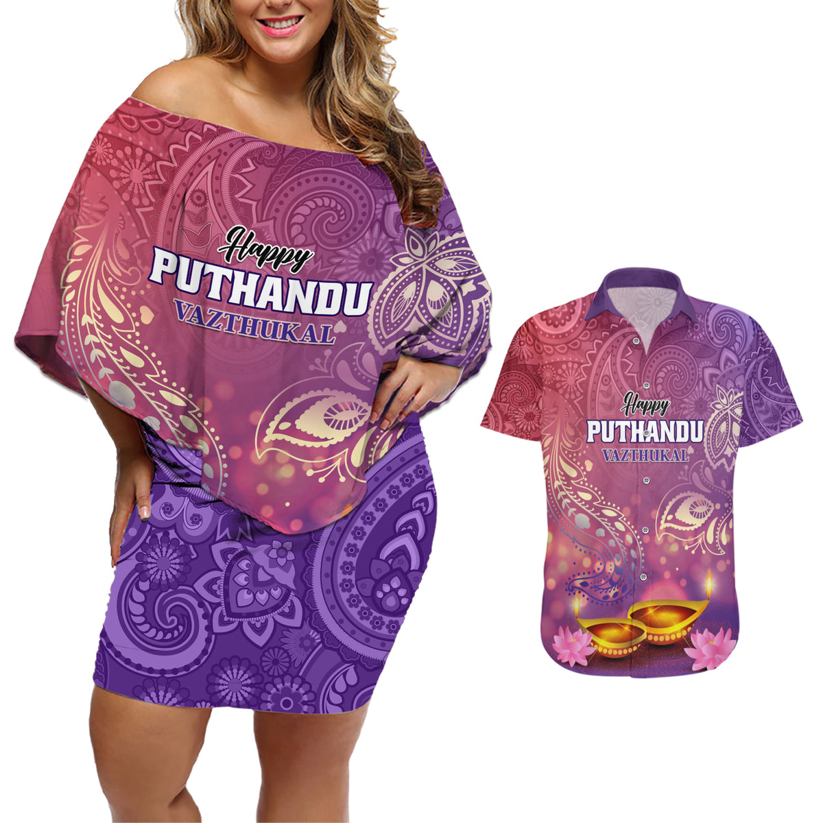 Puthandu Vazthukal 2024 Couples Matching Off Shoulder Short Dress and Hawaiian Shirt Happy Tamil New Year - Wonder Print Shop