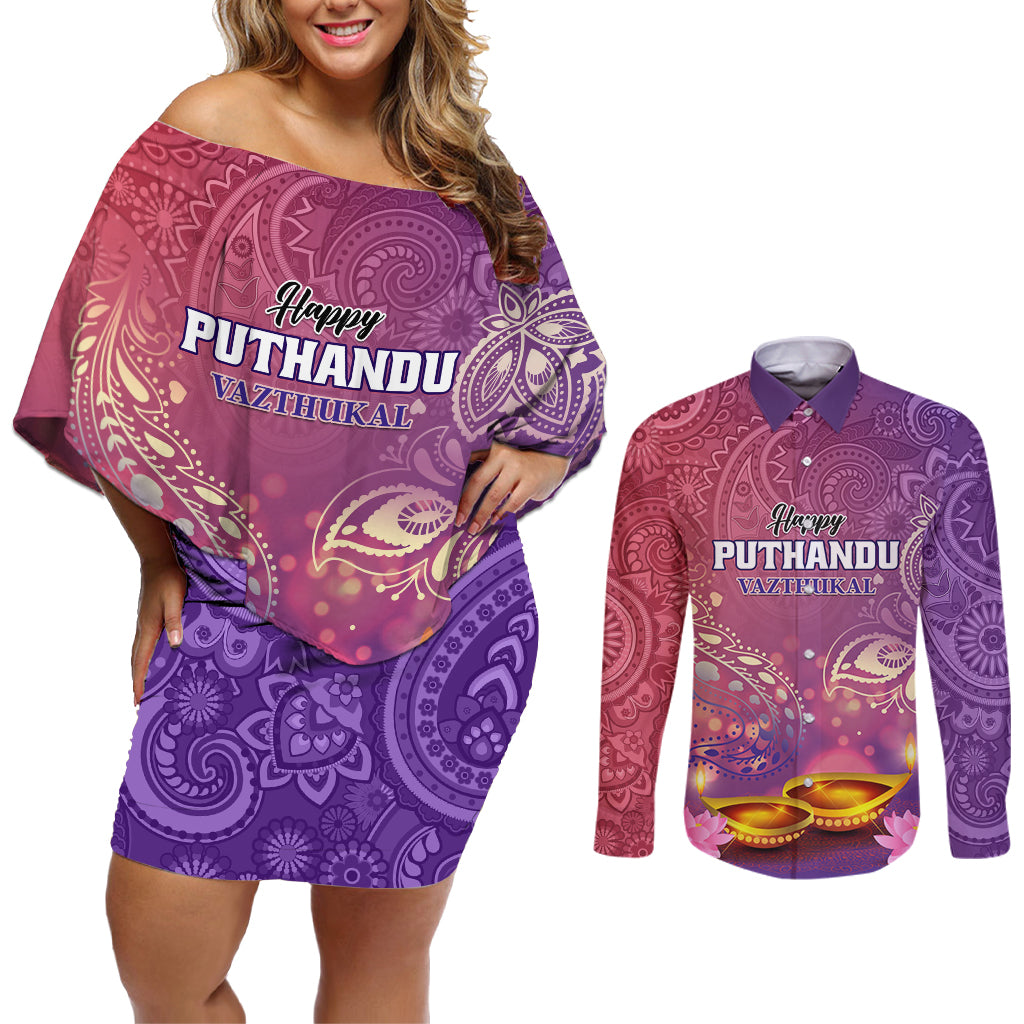 Puthandu Vazthukal 2024 Couples Matching Off Shoulder Short Dress and Long Sleeve Button Shirt Happy Tamil New Year - Wonder Print Shop